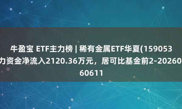 牛盈宝 ETF主力榜 | 稀有金属ETF华夏(159053)主力资金净流入2120.36万元，居可比基金前2-20260611